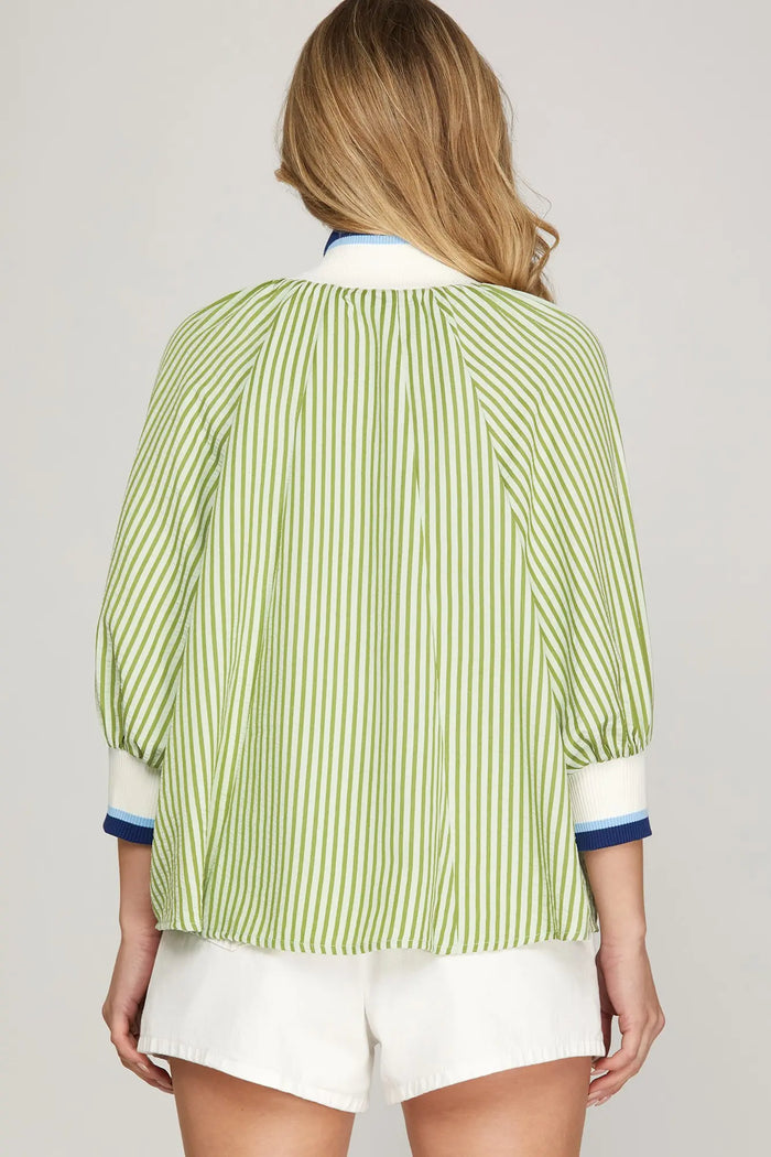 3/4 SLEEVE HALF ZIP STRIPED TOP