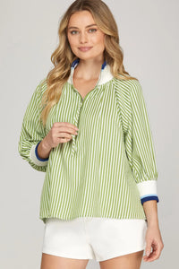 3/4 SLEEVE HALF ZIP STRIPED TOP