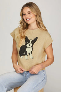 ROUND NECK DOG PATTERN SWEATER TOP