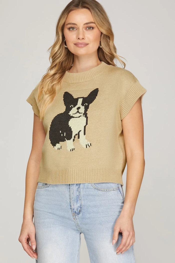 ROUND NECK DOG PATTERN SWEATER TOP