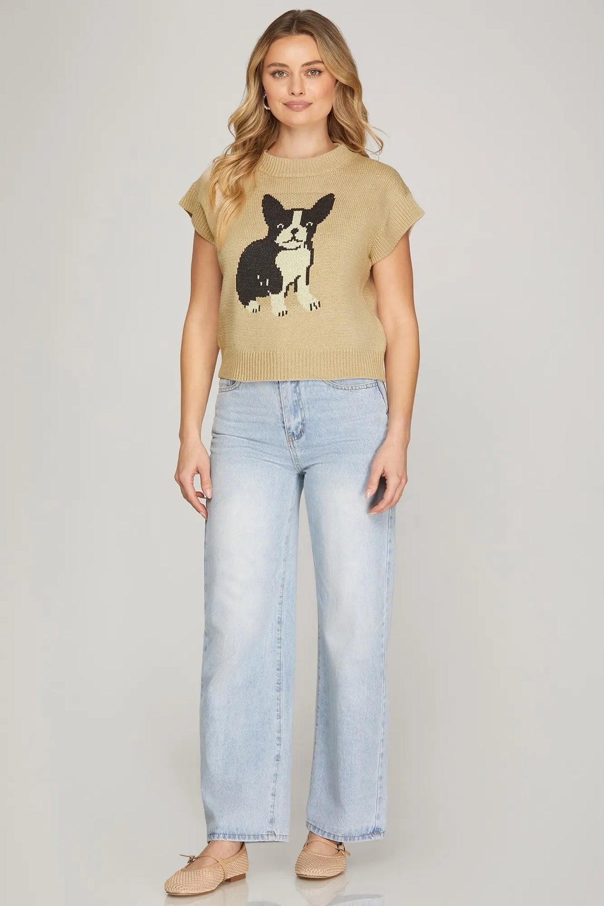 ROUND NECK DOG PATTERN SWEATER TOP