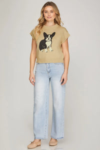 ROUND NECK DOG PATTERN SWEATER TOP