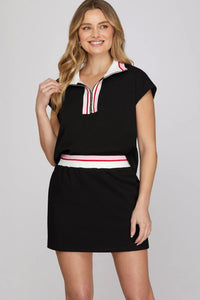 SLEEVELESS HALF-ZIP WITH RIB-BAND KINIT TOP  MINI SKIRT