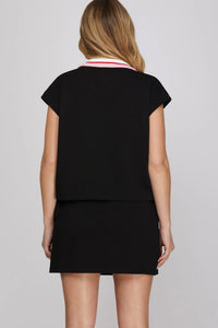 SLEEVELESS HALF-ZIP WITH RIB-BAND KINIT TOP  MINI SKIRT