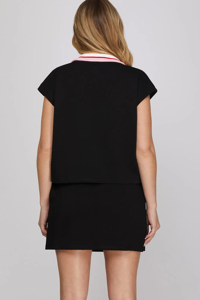 SLEEVELESS HALF-ZIP WITH RIB-BAND KINIT TOP  MINI SKIRT