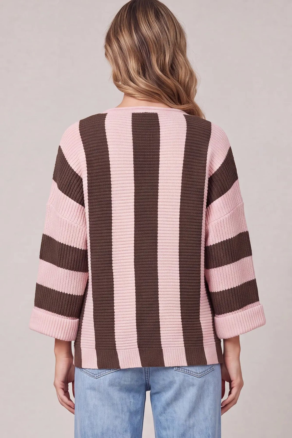 3/4 SLEEVE VERTICAL STRIPE SWEATER TOP