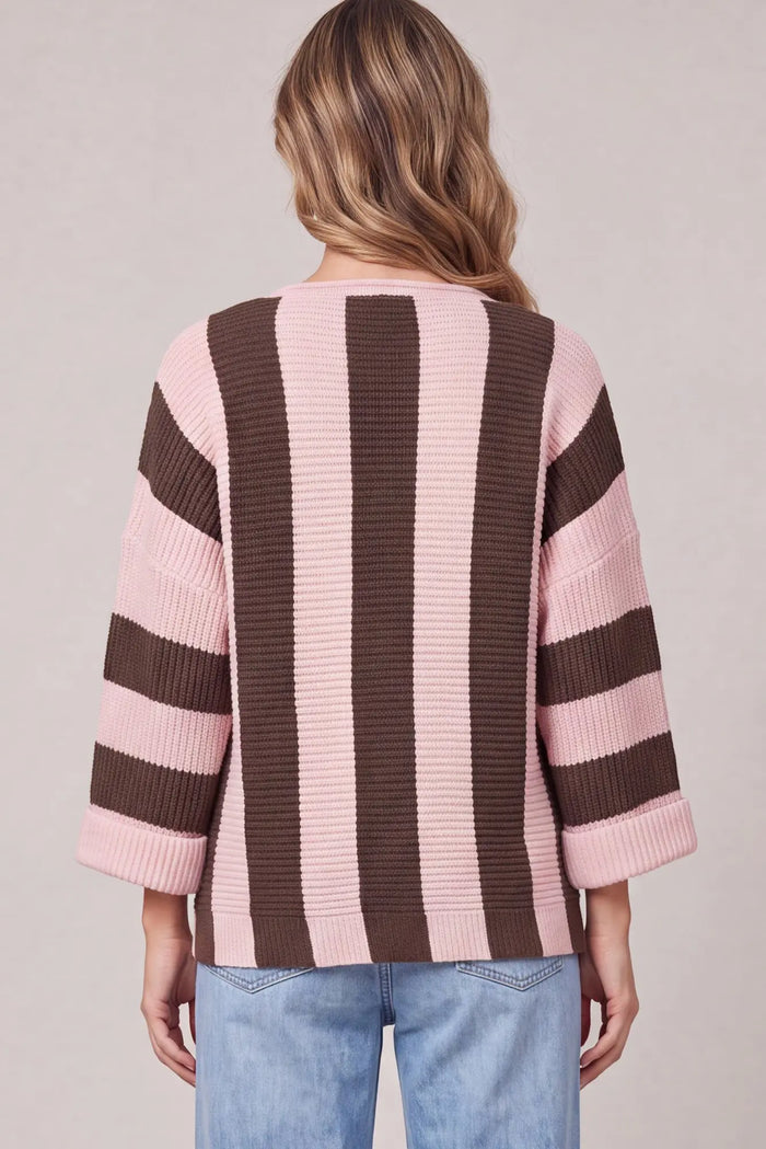 3/4 SLEEVE VERTICAL STRIPE SWEATER TOP