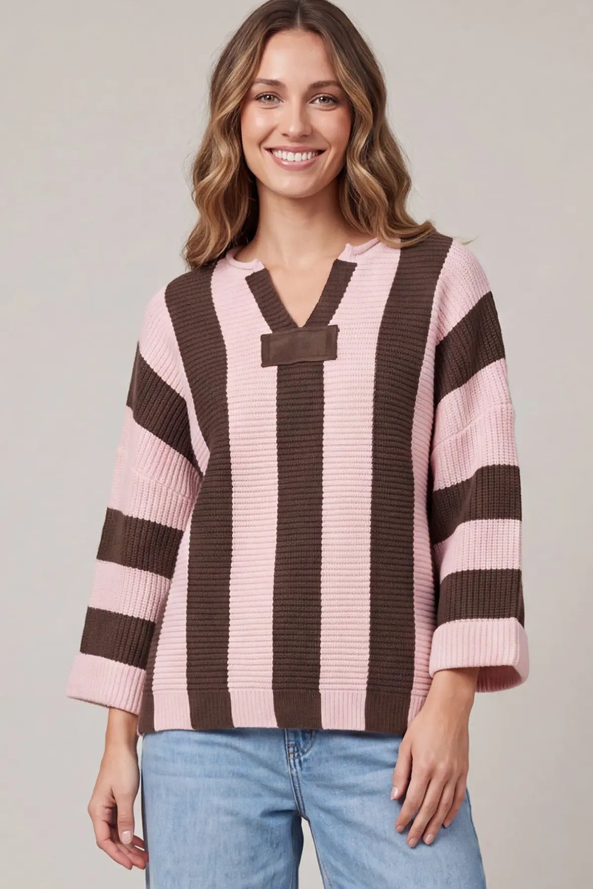 3/4 SLEEVE VERTICAL STRIPE SWEATER TOP