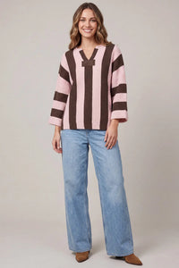 3/4 SLEEVE VERTICAL STRIPE SWEATER TOP