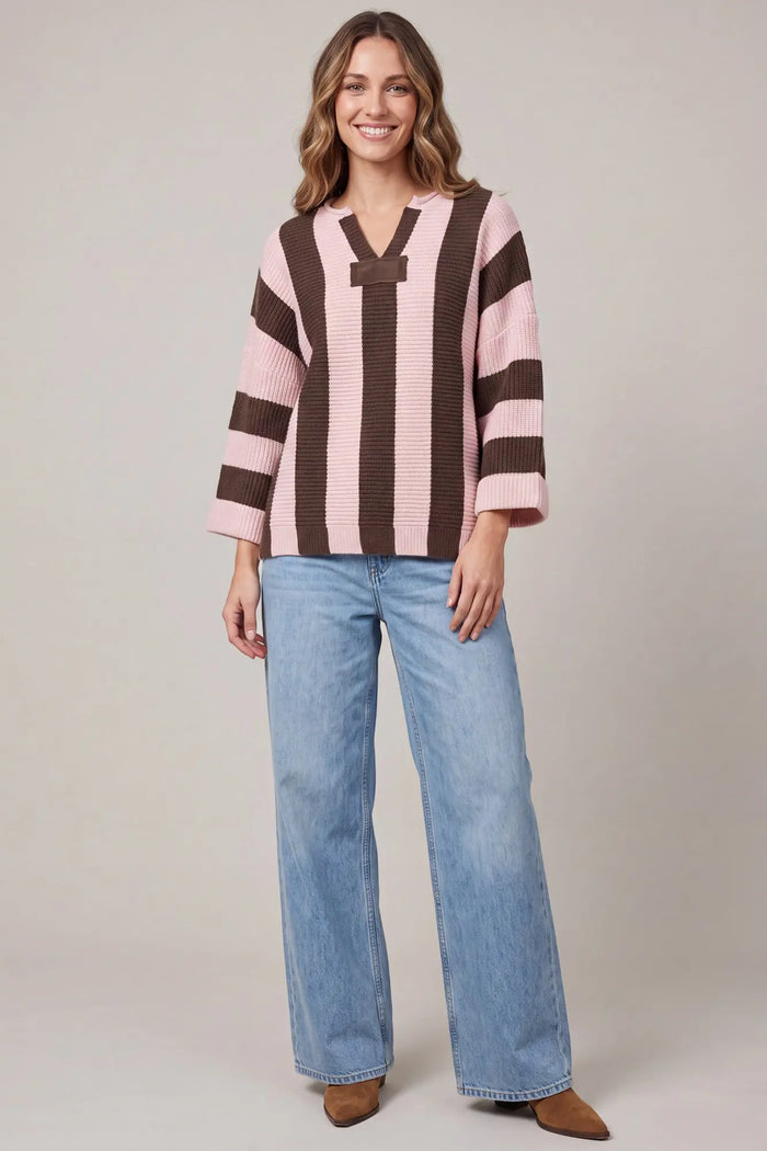 3/4 SLEEVE VERTICAL STRIPE SWEATER TOP