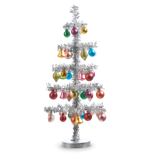 19.5" SILVER VINTAGE TINSEL TREE WITH ORNAMENTS