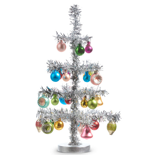 14" SILVER VINTAGE TINSEL TREE WITH ORNAMENTS