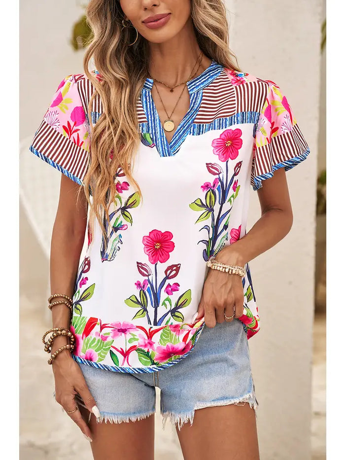 Floral Striped Patchwork Short Sleeve Split Neck Blouse