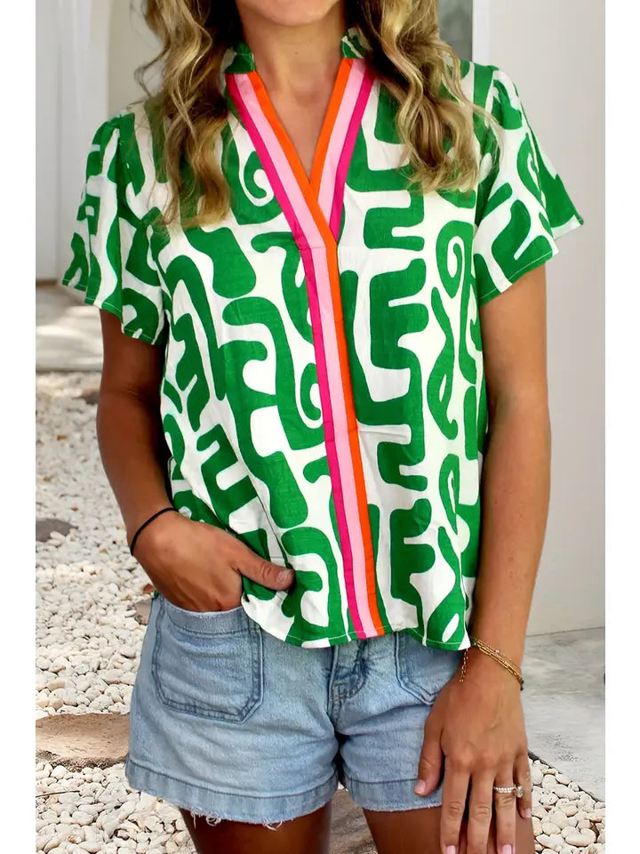 Abstract Print Striped Trim V Neck Short Sleeve Blouse