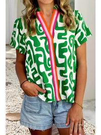 Abstract Print Striped Trim V Neck Short Sleeve Blouse