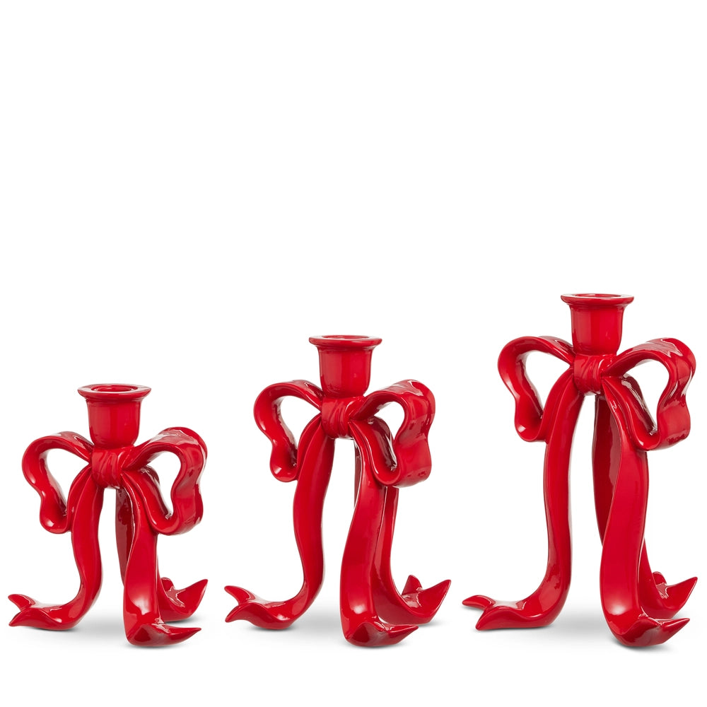 9" Red Bow Candlesticks