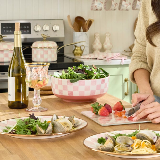 Pink Check Serving Bowl