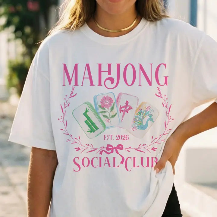 Mahjong Preppy Social Club Pink Green Retro Game Graphic Tee