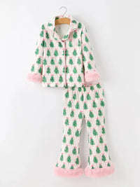 Mommy and Me Christmas Tree Print Pajama Set with Fur Trim