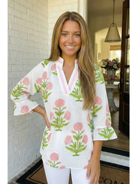 Wild Flower Print V Neck 3/4 Sleeve Blouse