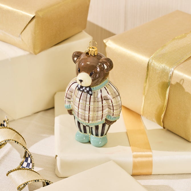 Mocha Tartan Bear Glass Ornament