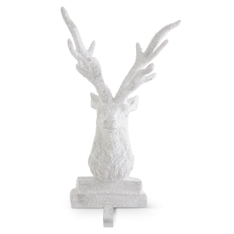 12 Inch White Glitter Flocked Resin Deer Bust Stocking Holder