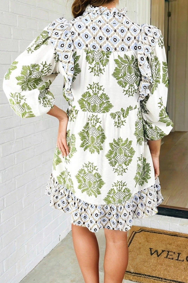Floral Print Patchwork Ruffle Detail Mini Dress