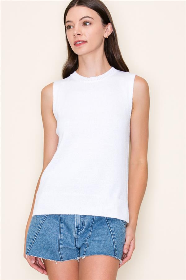 CREW NECK, SLEEVELESS, SOLID SWEATER TOP