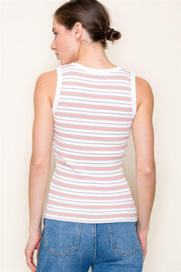 MULTI STRIPED, SCOOP NECK, SLEEVELESS, FITTED TANK SWEATER