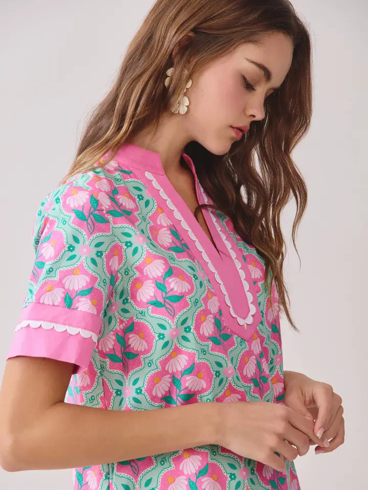 Colorful Floral Print Contrast Borders Shift Dress