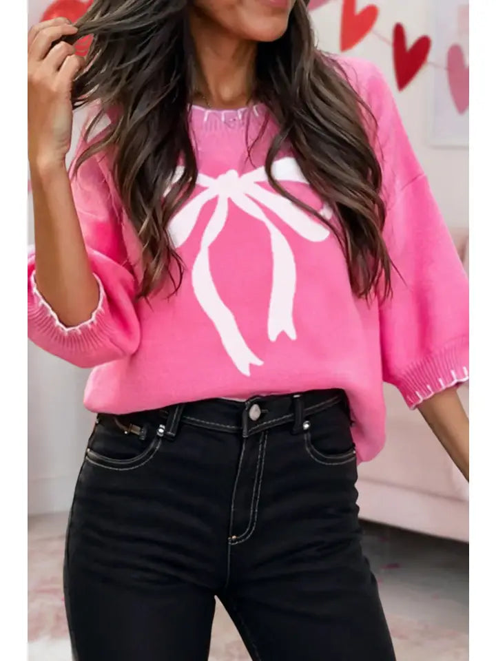 Pink Bow Print Stitch Trim Sweater