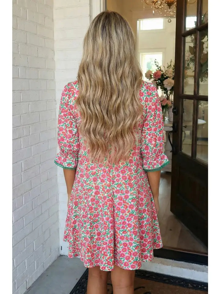 Floral Print Patchwork Bubble Sleeve Mini Dress