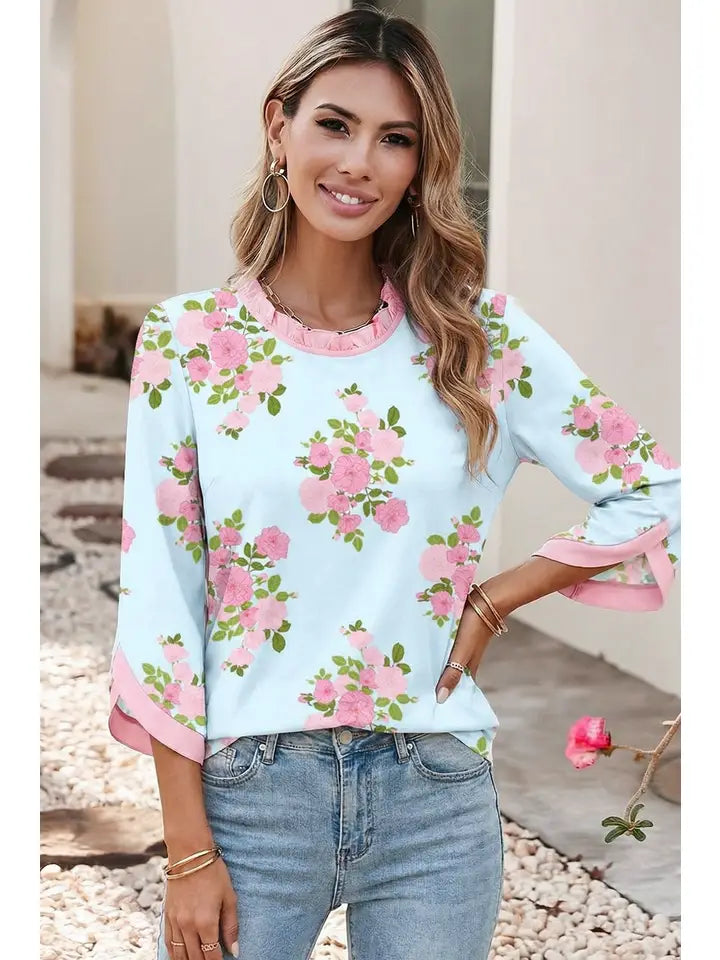 Floral Print Button Cuffed 3/4 Sleeve Round Neck Blouse
