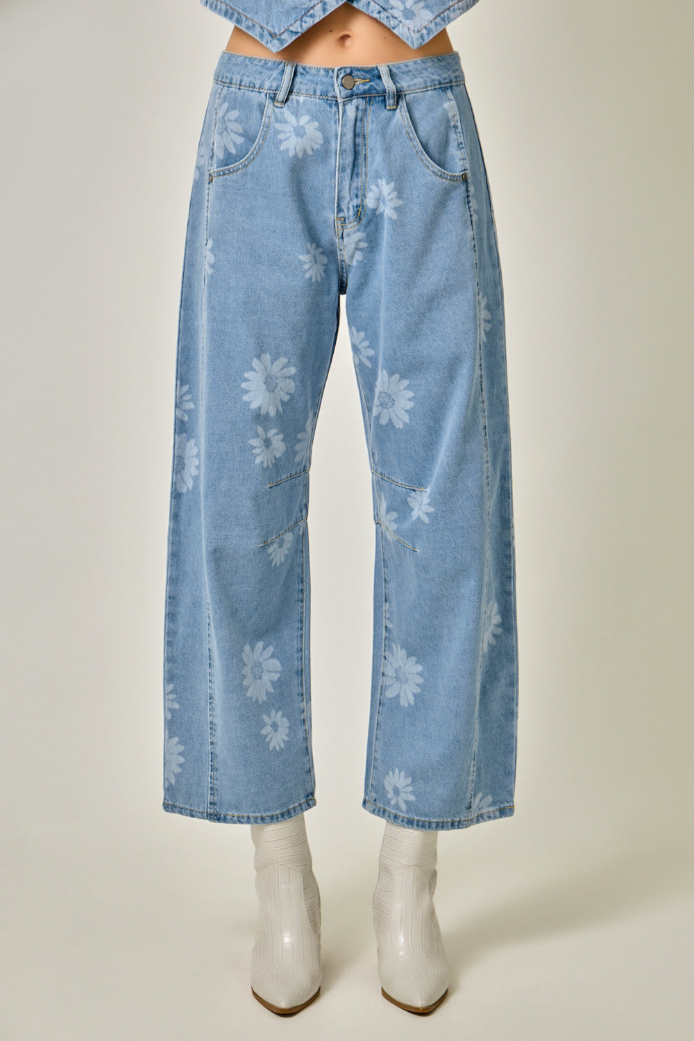 PRINTED BARREL DENIM JEANS
