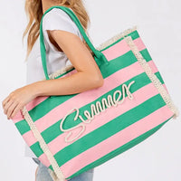 Summer Rope Text Pink and Green Striped Tote Bag