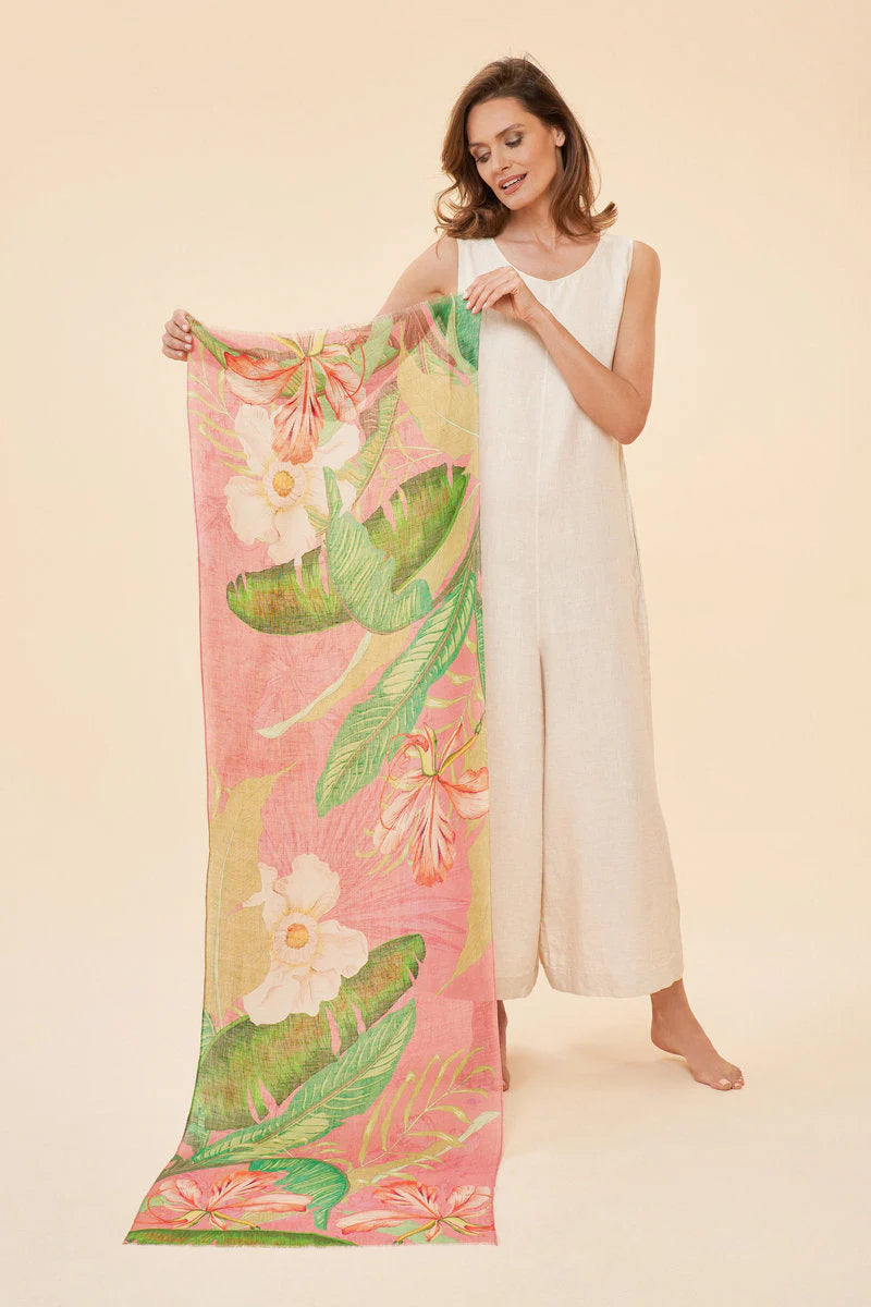 100% Linen Delicate Tropical Scarf - Candy