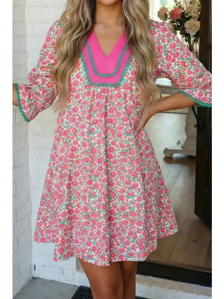 Floral Print Patchwork Bubble Sleeve Mini Dress