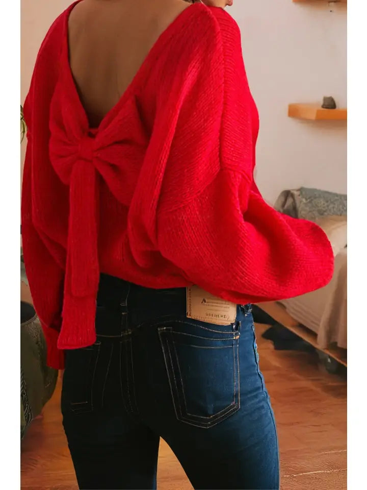 Holiday Bow Backless Bubble Sleeve Sweater