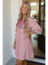 Floral Print Patchwork Bubble Sleeve Mini Dress