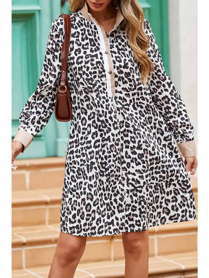 Leopard Collar Patchwork Button Dress
