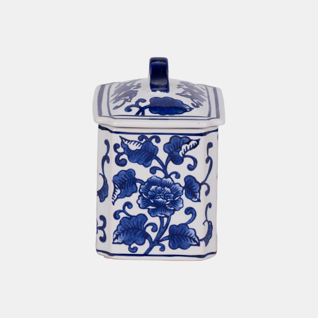 Cer, 6" 13oz Rect Chinoiserie Candle W/lid,blu/wht