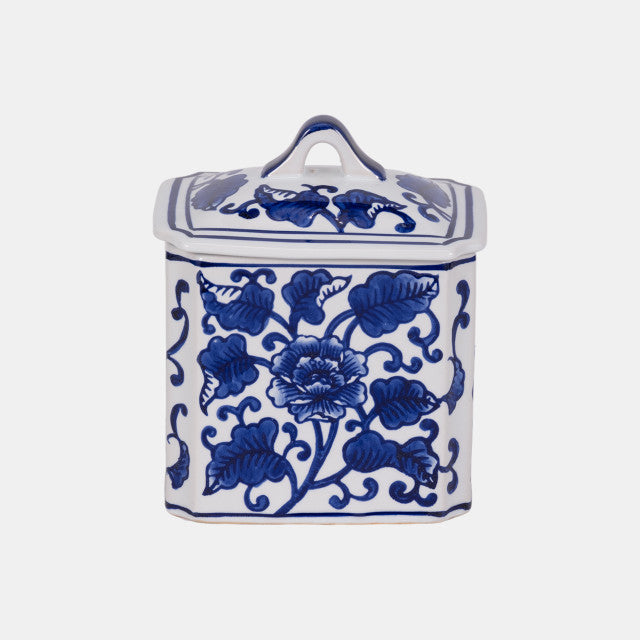 Cer, 6" 13oz Rect Chinoiserie Candle W/lid,blu/wht