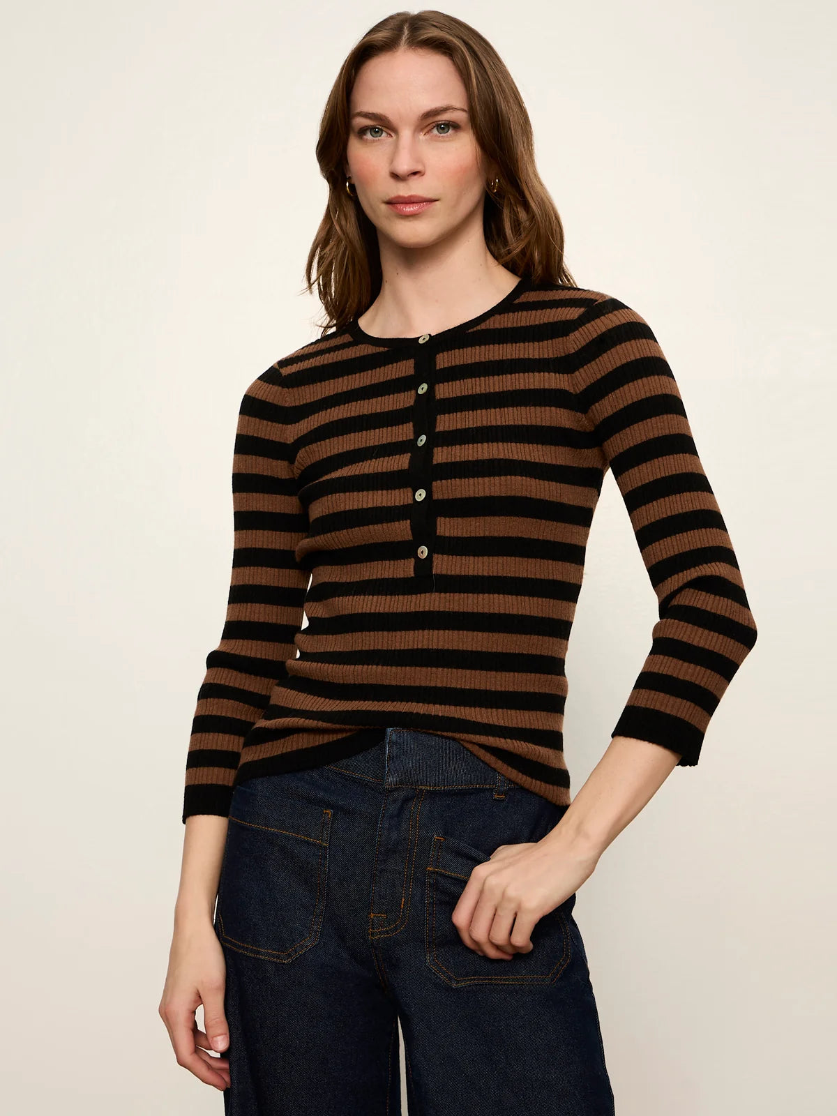 Selena Henley Top Black / Cocoa Powder Stripe