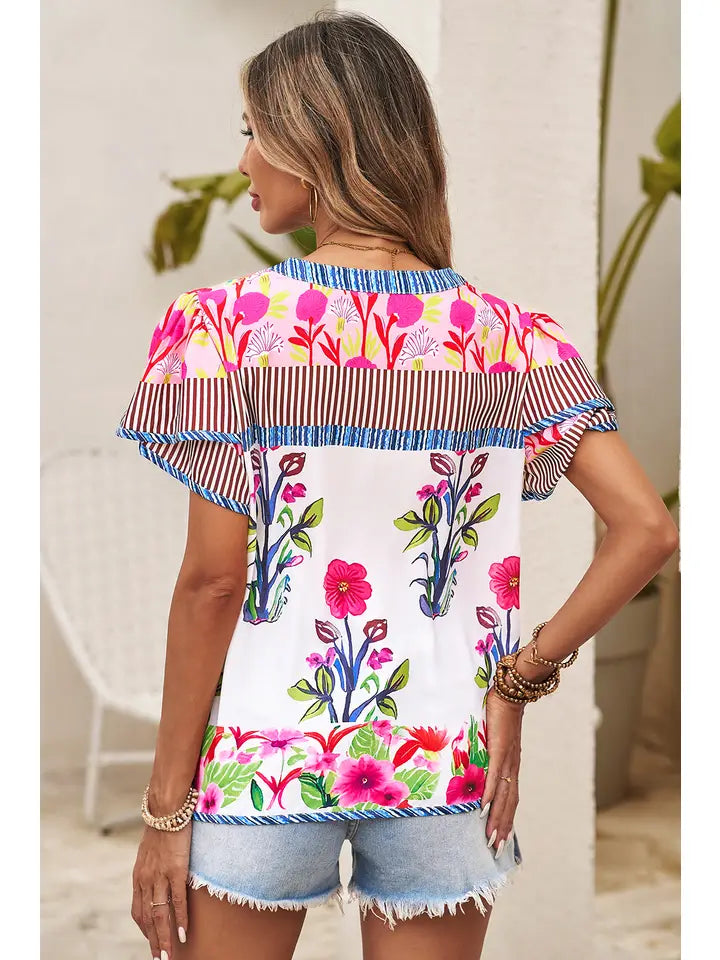 Floral Striped Patchwork Short Sleeve Split Neck Blouse