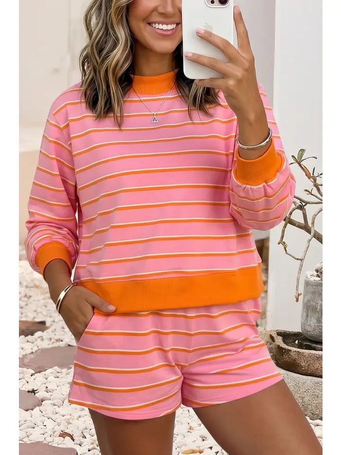 Color Block Trim Pullover Pocketed Shorts 2pcs Set
