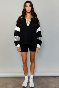 French Terry Knit Color-Block Collared Loose Fit Top