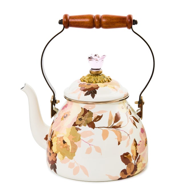 Wild Rose White 2 Quart Tea Kettle