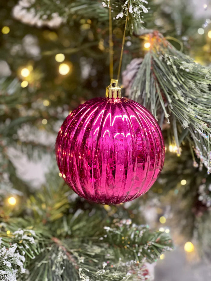 4 Inch Shiny Fuchsia Vertical Stripe Ornament Ball