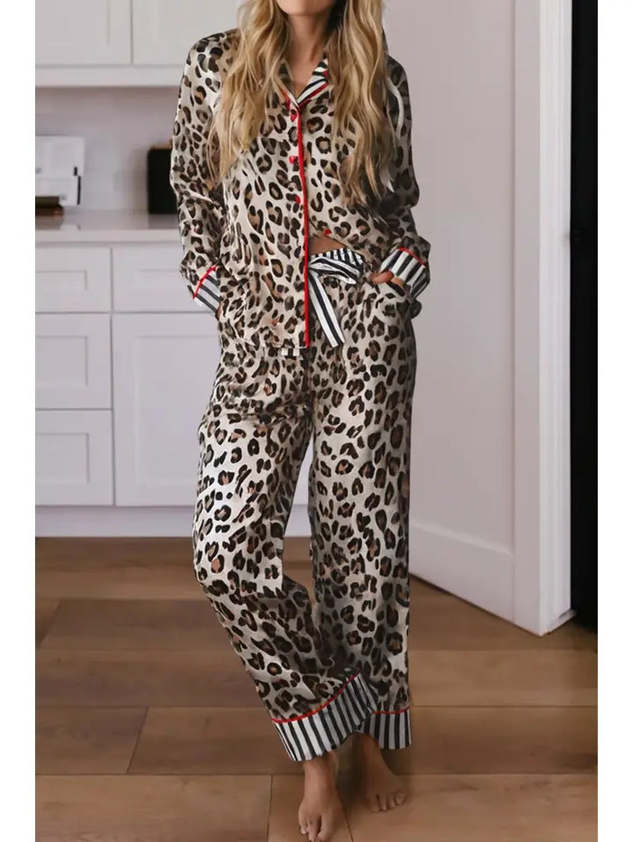 Leopard Colorblock Edge Shirt and Pants Pajama Set