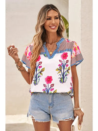 Floral Striped Patchwork Short Sleeve Split Neck Blouse